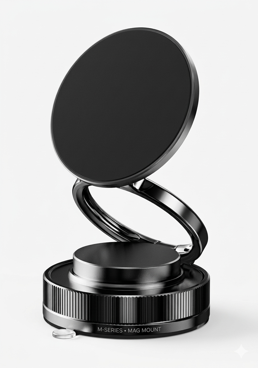 Black magnetic phone holder on a white background